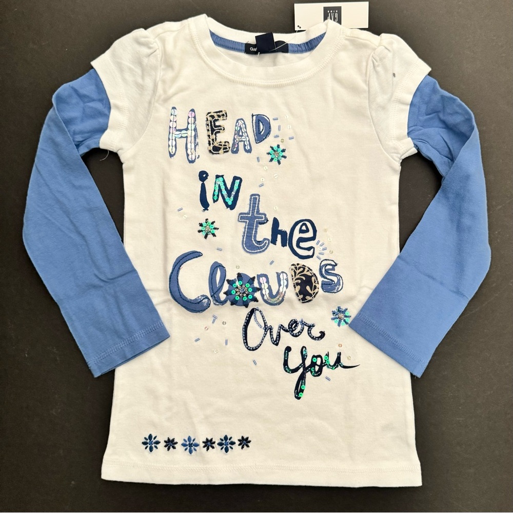 NEW Gap Kids girls t-shirt XS 4 5 white blue Head in the clouds long sleeve top